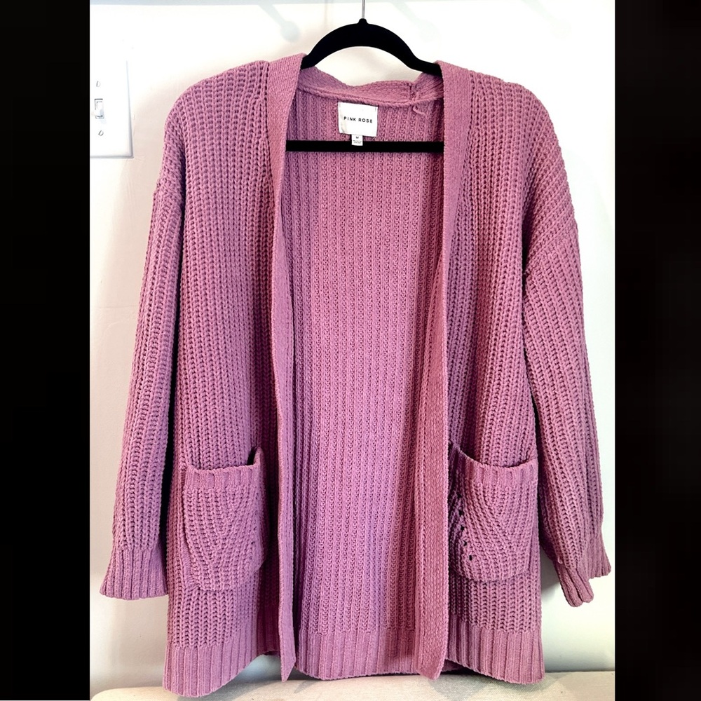Pink Rose Plush Knit Chenille Cardigan Sweater in Lavender Purple